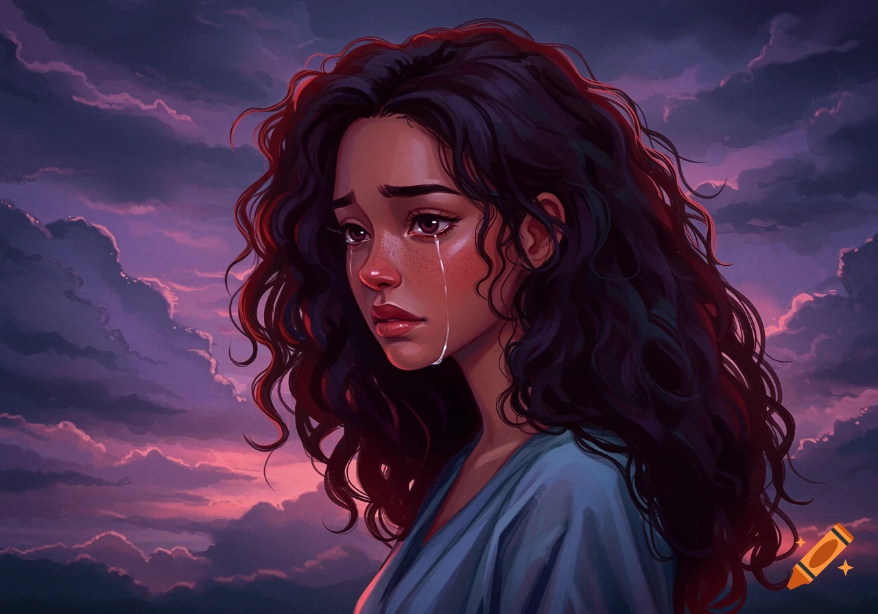 A crying young woman with dark curly hair is shown against a purple and pink stormy sky.