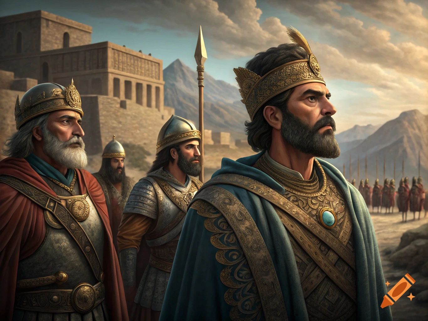 Ancient rulers or warriors in elaborate clothing stand before a large ancient building and mountains.
