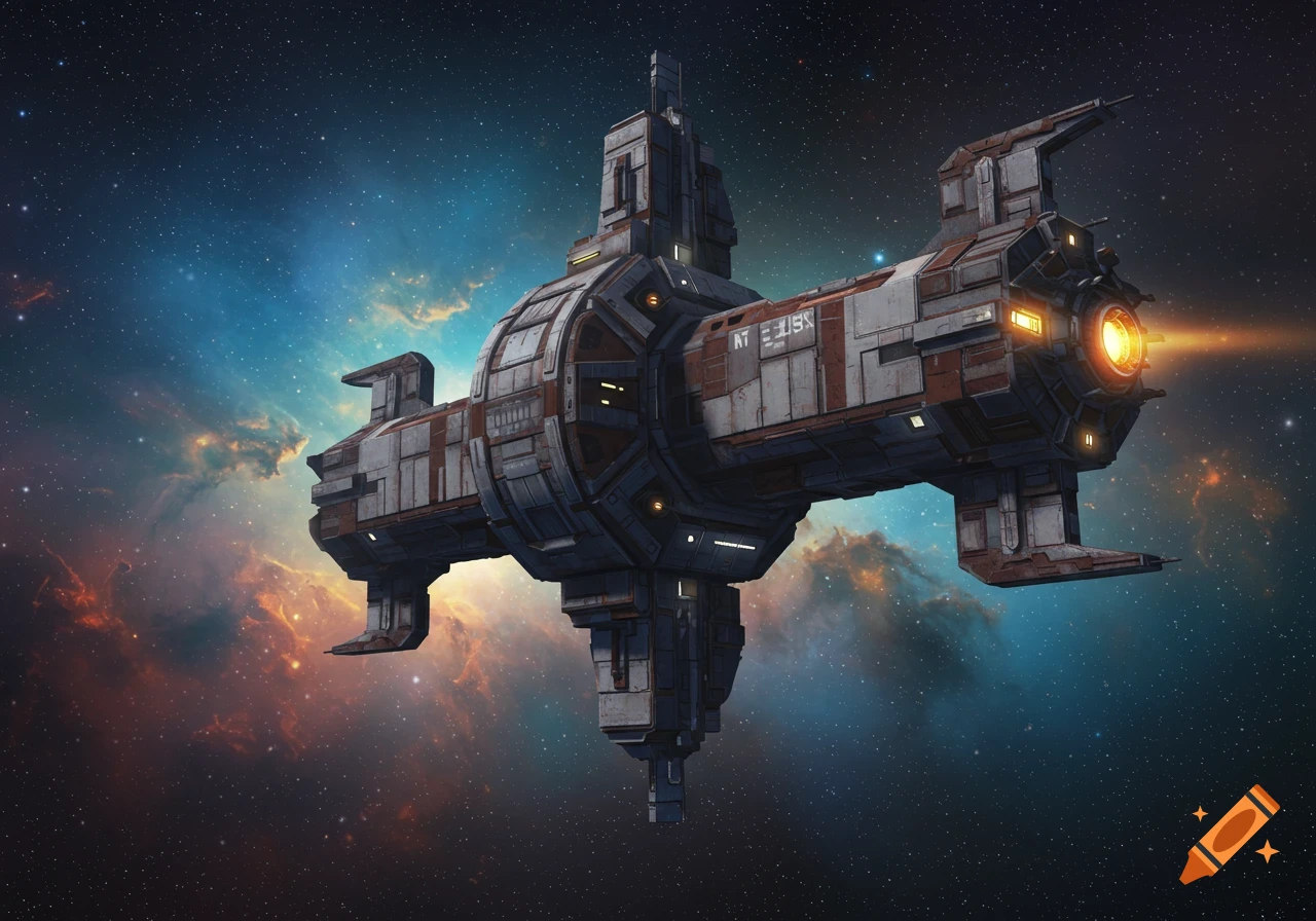 A large, detailed spaceship in deep space with nebulas.