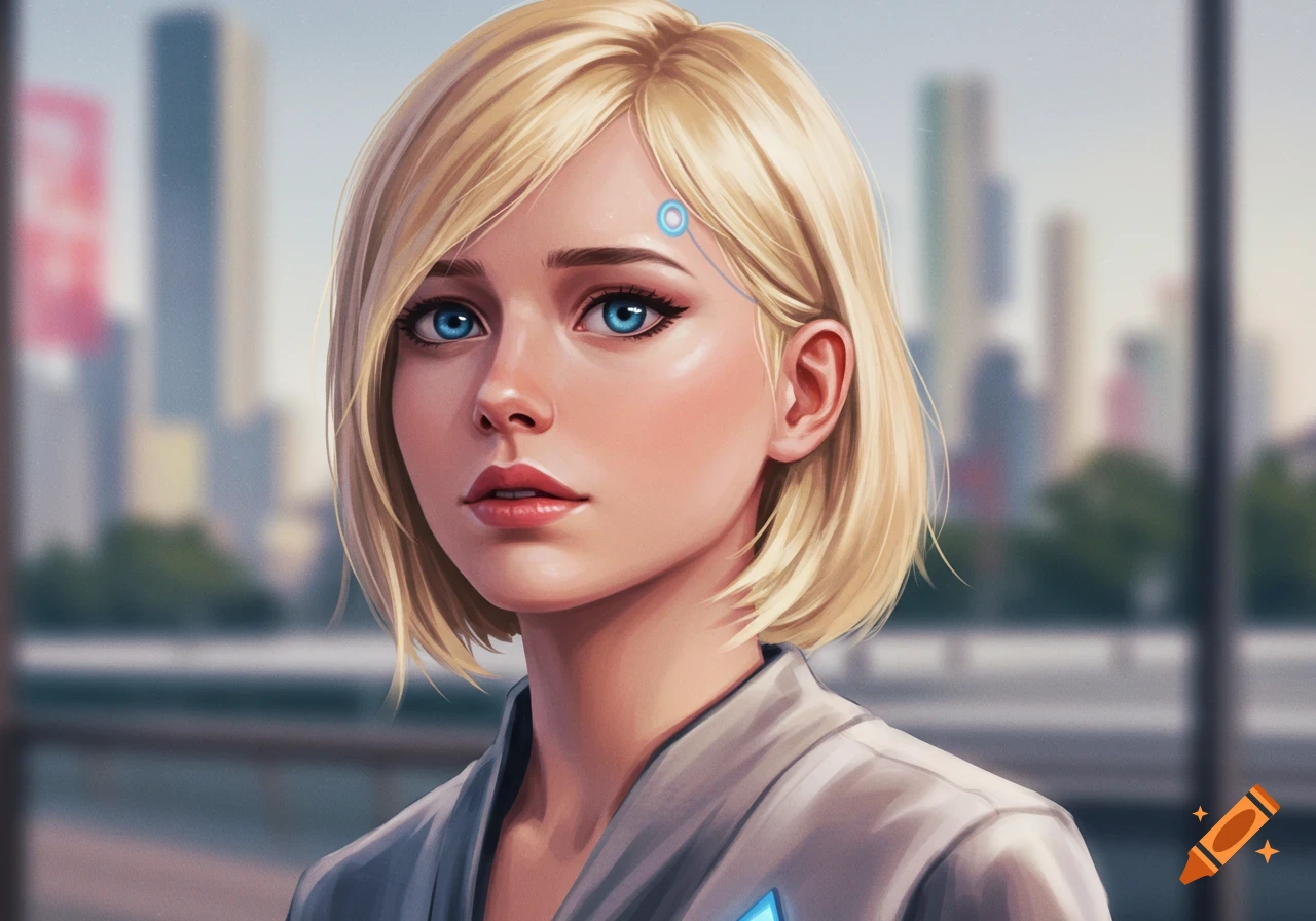 Portrait of a blonde woman with blue eyes and forehead symbol, against a city background.