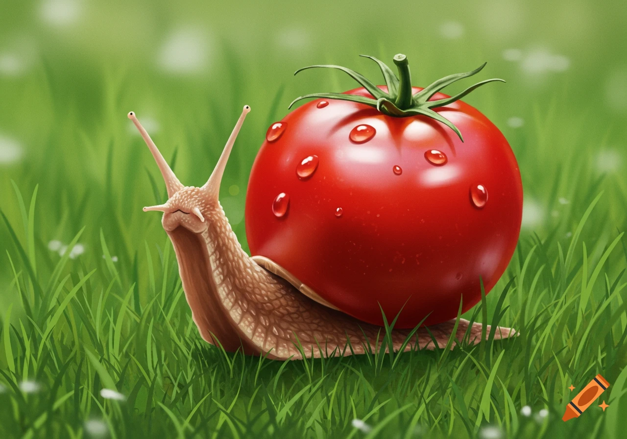 A snail with a tomato shell sitting in grass.