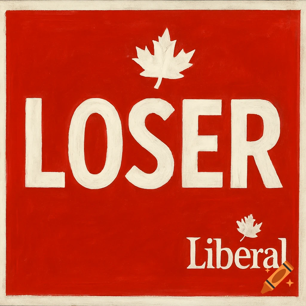A red political sign with white text reading 'LOSER' and 'Liberal', featuring maple leaves.