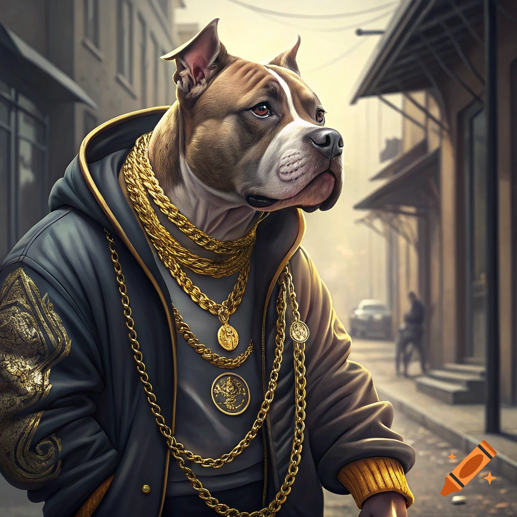 Pitbull dog wearing a hoodie and gold chains stands in a street scene