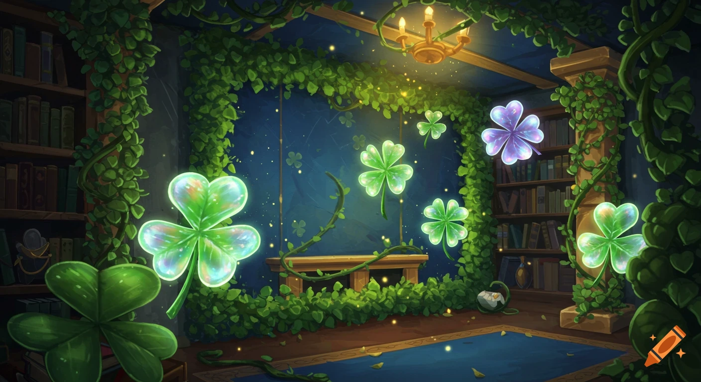 A magical room filled with glowing four-leaf clovers, vines, and bookshelves.