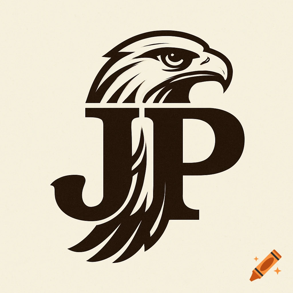 Logo design combining the letters JP with an eagle head in graphic style.