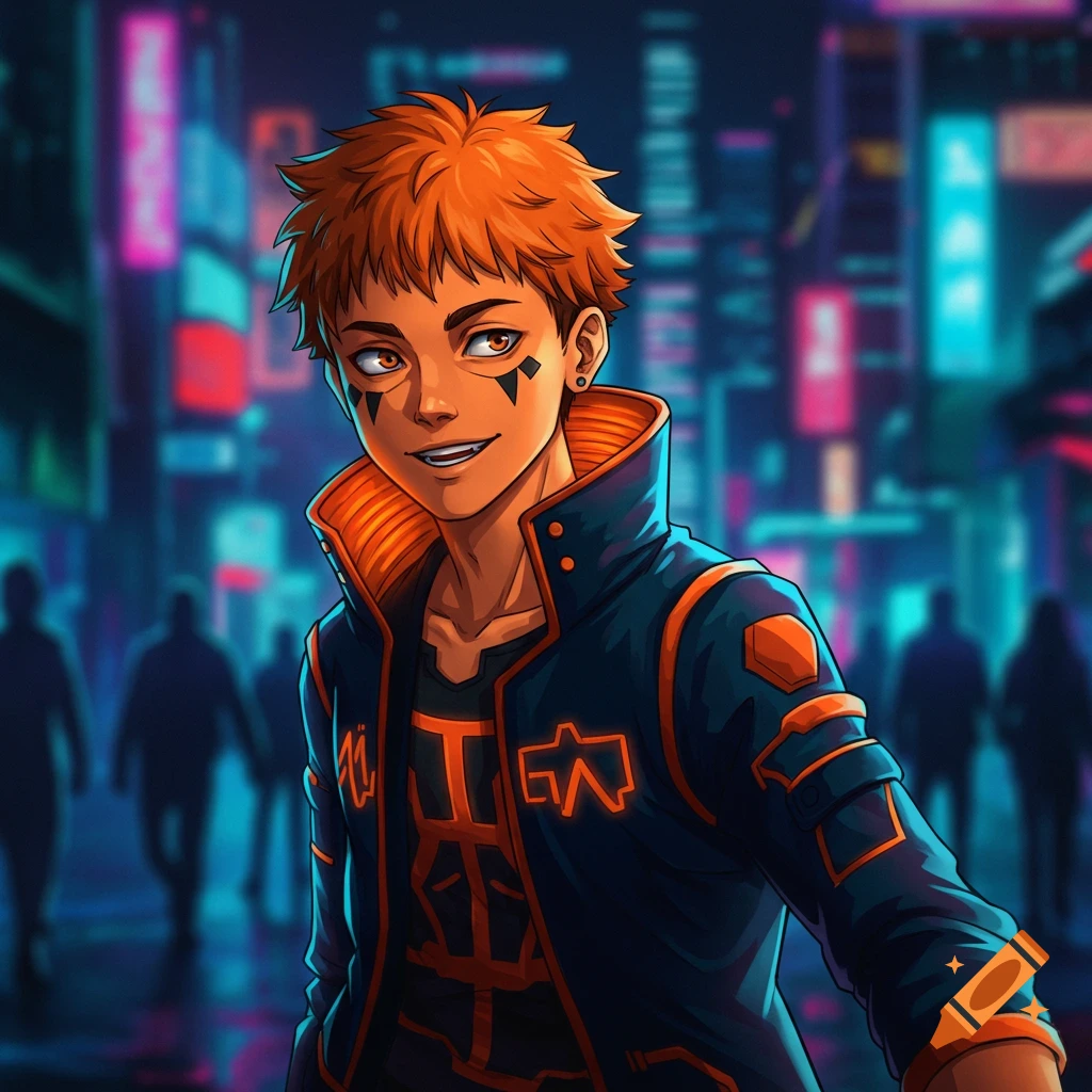 Anime man with orange hair and face markings wearing a jacket in a neon city street.