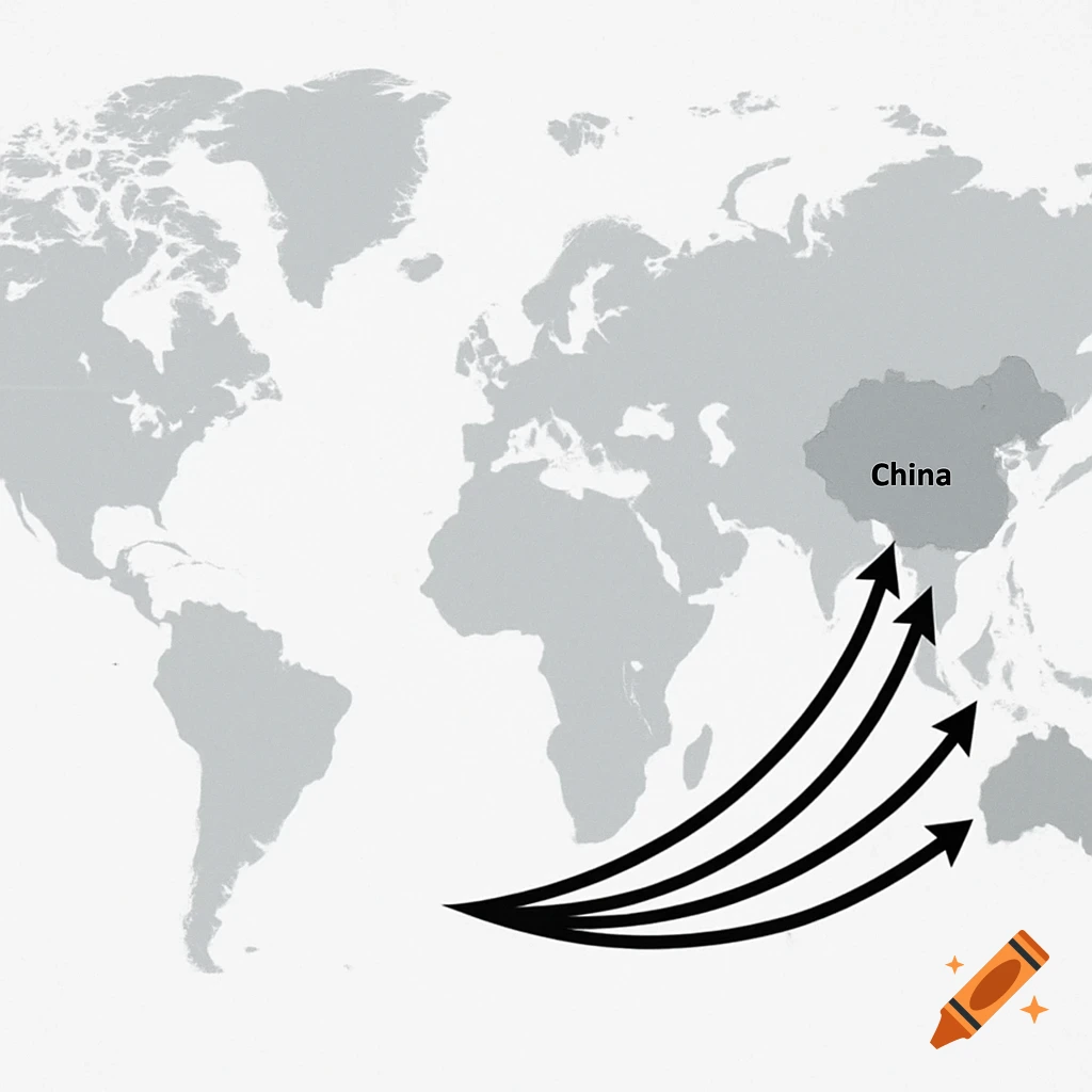World map with arrows pointing towards China.