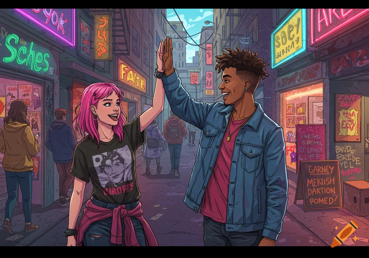 A girl with pink hair and a boy high-fiving on a street with neon signs.
