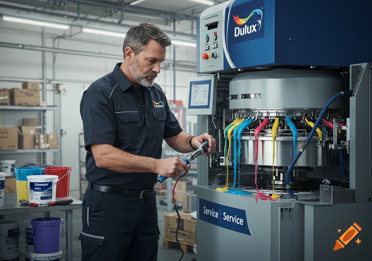 A photorealistic image of a service engineer working on a Dulux paint mixing machine in a workshop.