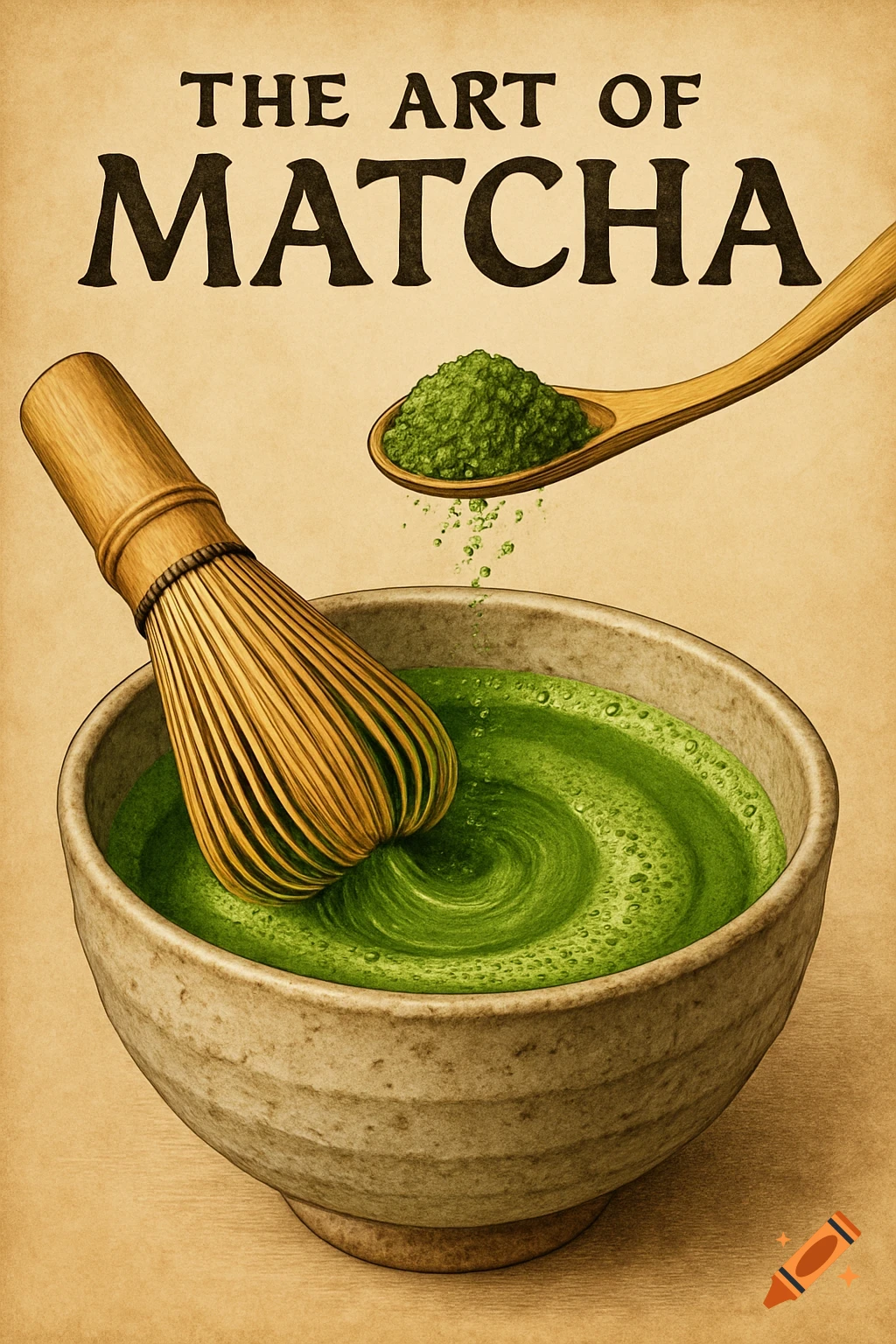 A poster illustration of a matcha bowl, bamboo whisk, and scoop of matcha powder on a beige background.