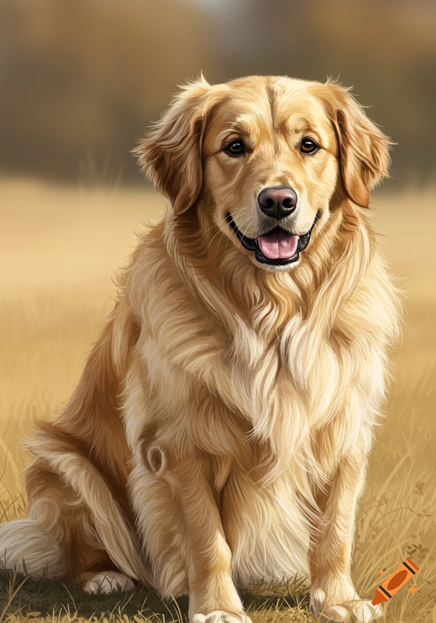 A golden retriever dog sitting in a field.