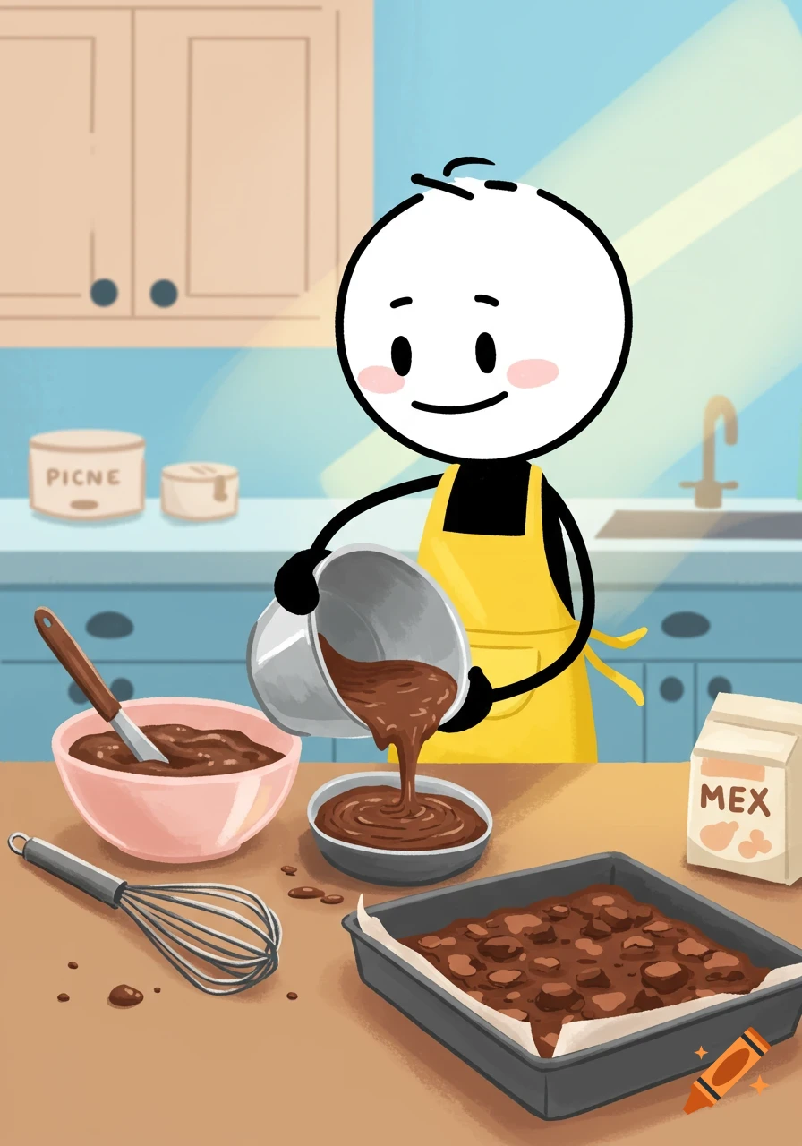 Stick figure character in a yellow apron making brownies in a kitchen.