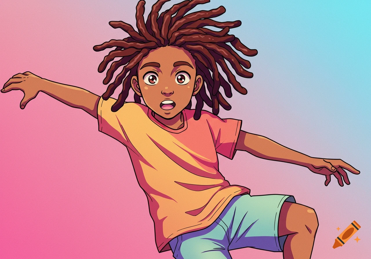 Anime illustration of a boy with dreadlocks in a peach t-shirt and blue shorts, posing against a pink and blue background.