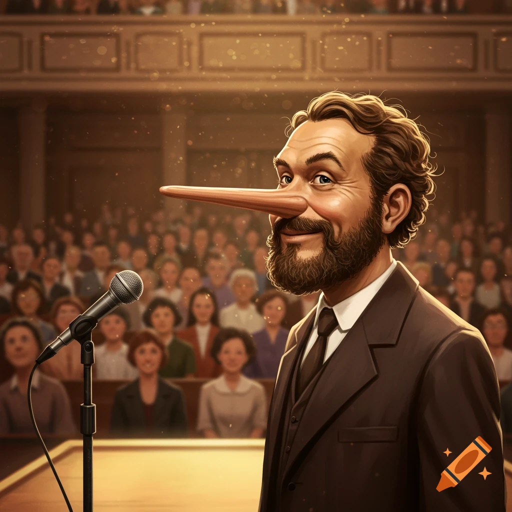 Illustration of a man with a Pinocchio nose speaking into a microphone in front of an audience.