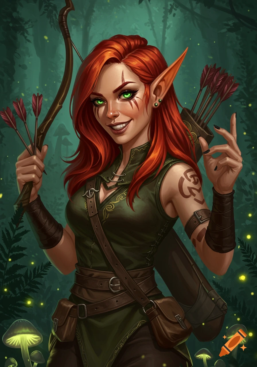 A red-haired elf archer in a forest, holding a bow and arrows.