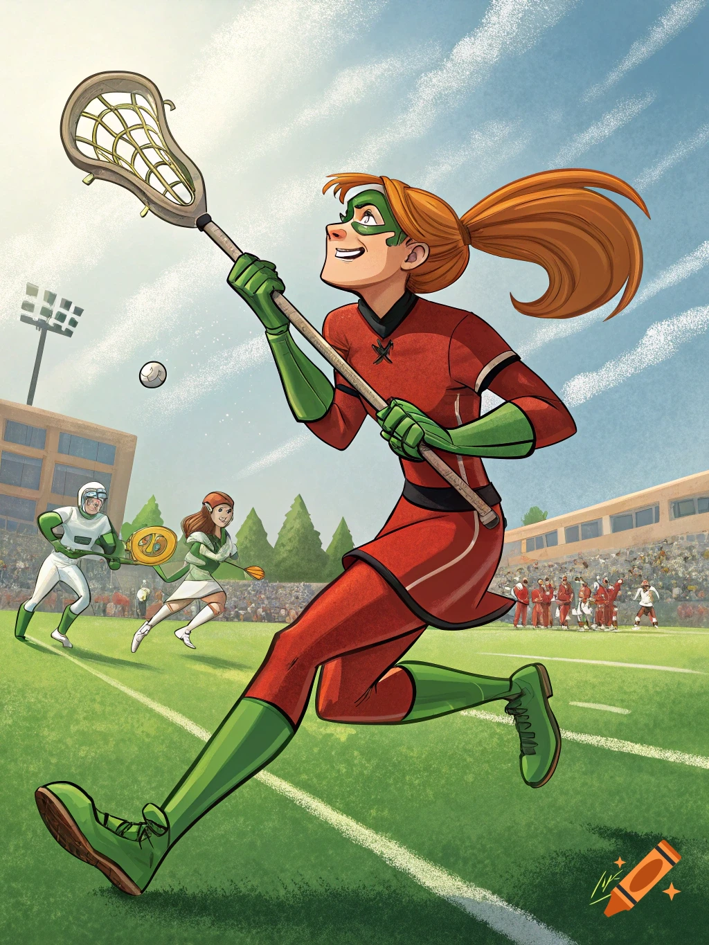 Cartoon illustration of a girl in red and green playing lacrosse on a field during a game.