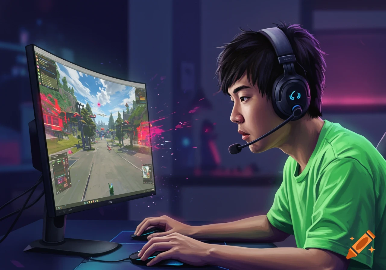A young person playing a video game on a curved monitor, wearing headphones with a mic, hands on mouse and keyboard in a dimly lit room.