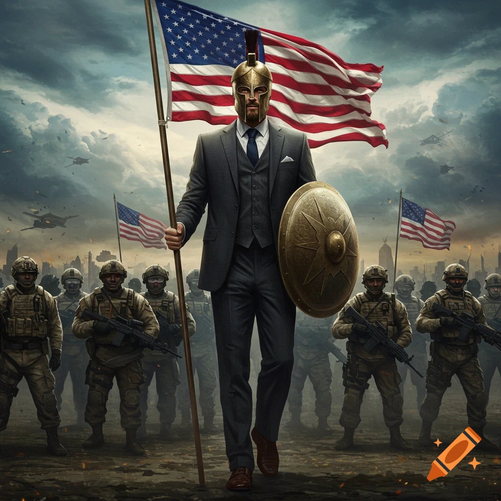 A man in a suit and Spartan helmet is holding an American flag, leading soldiers through a cityscape.