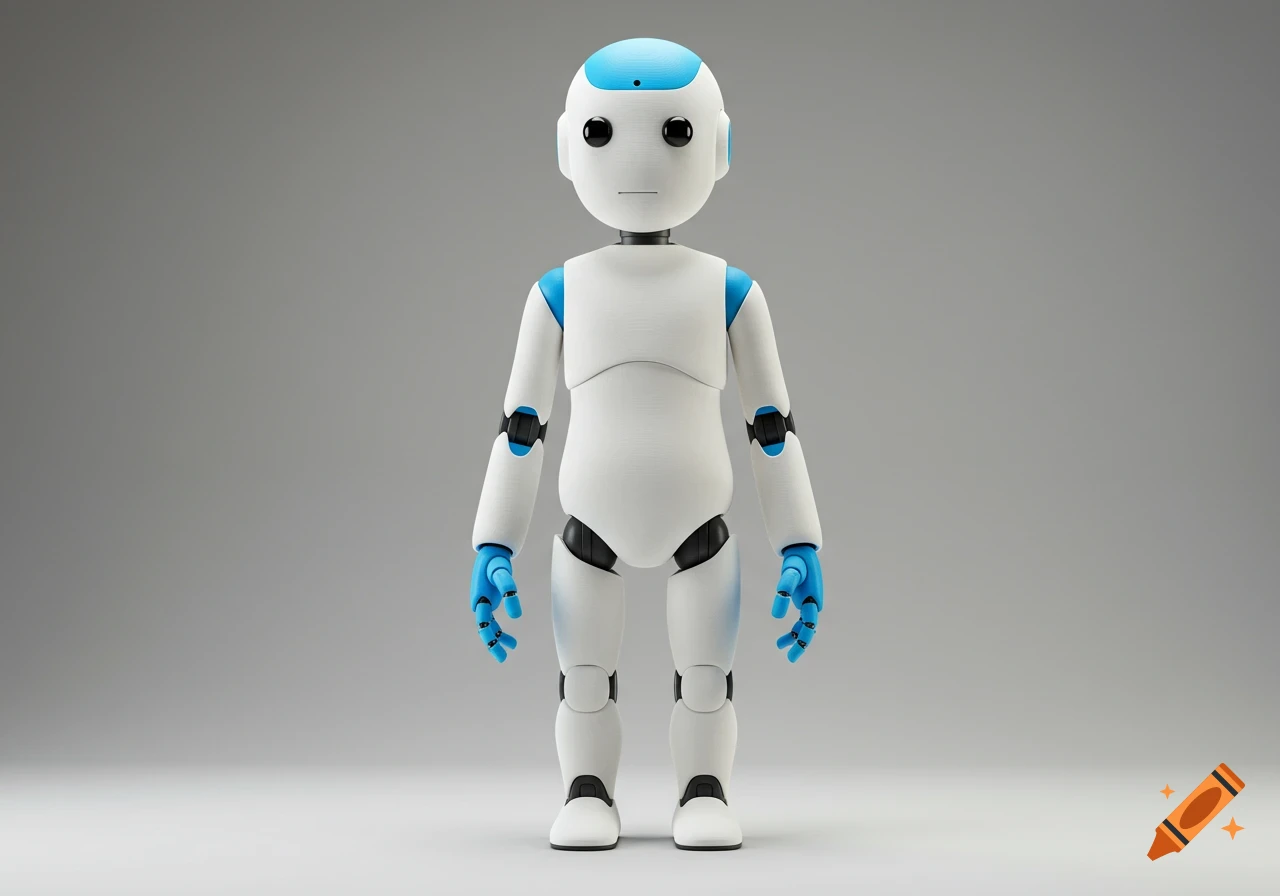 A realistic photo of a white humanoid robot with blue head and hands standing against a grey background.
