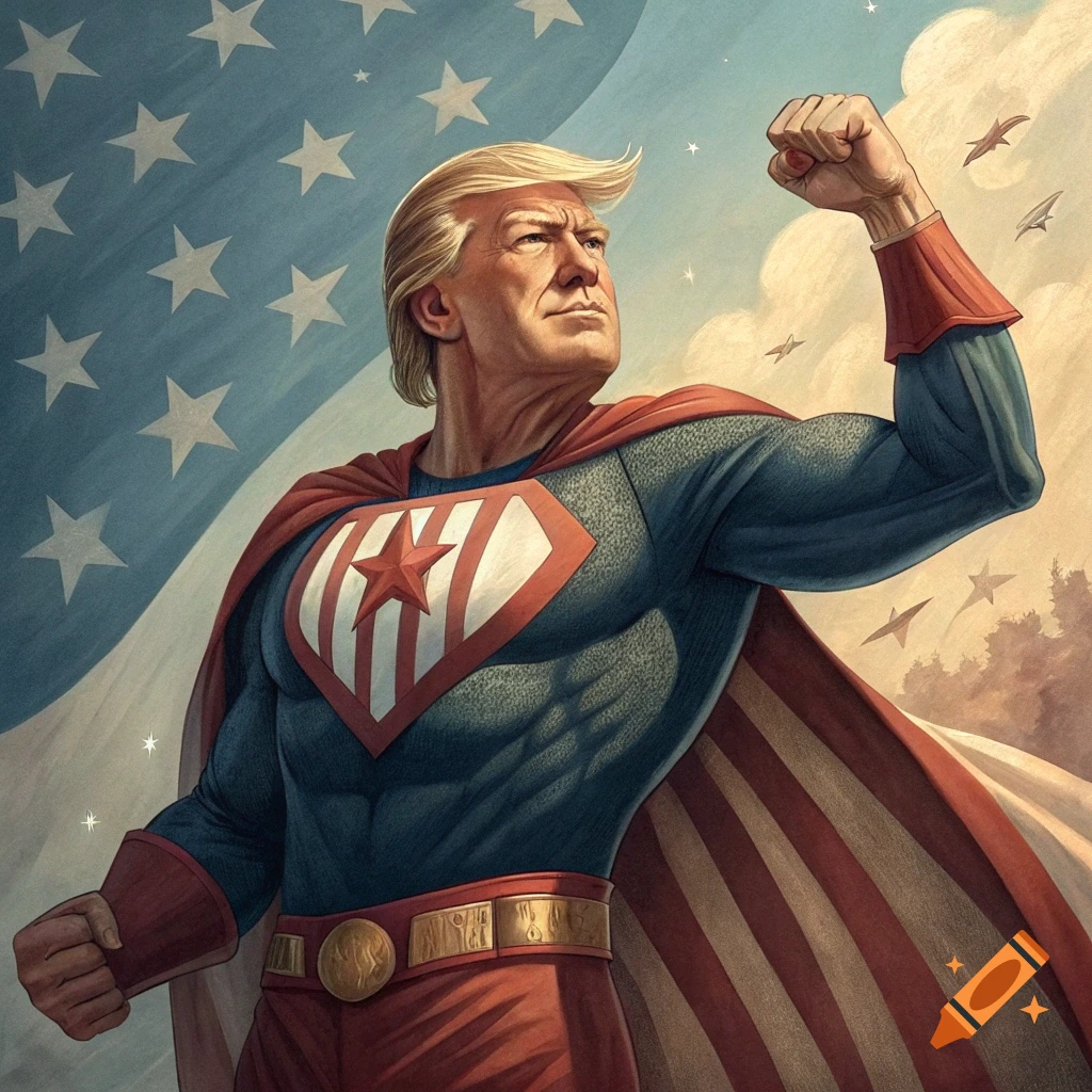 Donald Trump in a superhero costume flexing against an American flag background