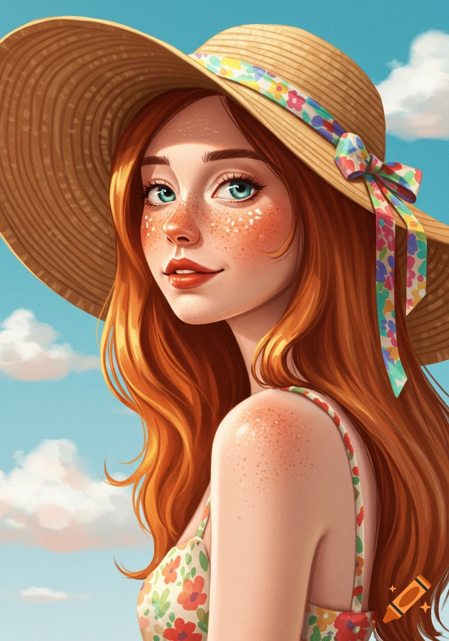 A portrait of a red-haired woman with freckles wearing a straw hat and sundress.