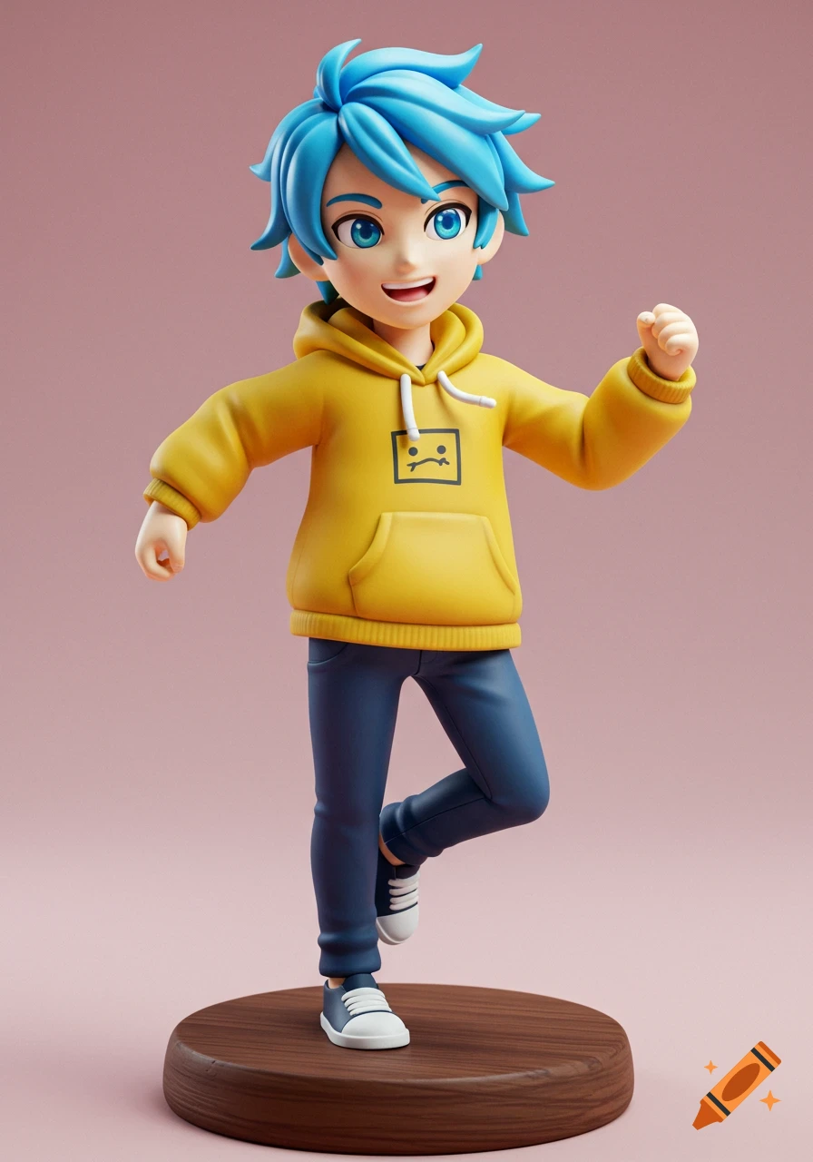 Digital render of a figurine of a young man with blue hair in a yellow hoodie standing on a wooden base.