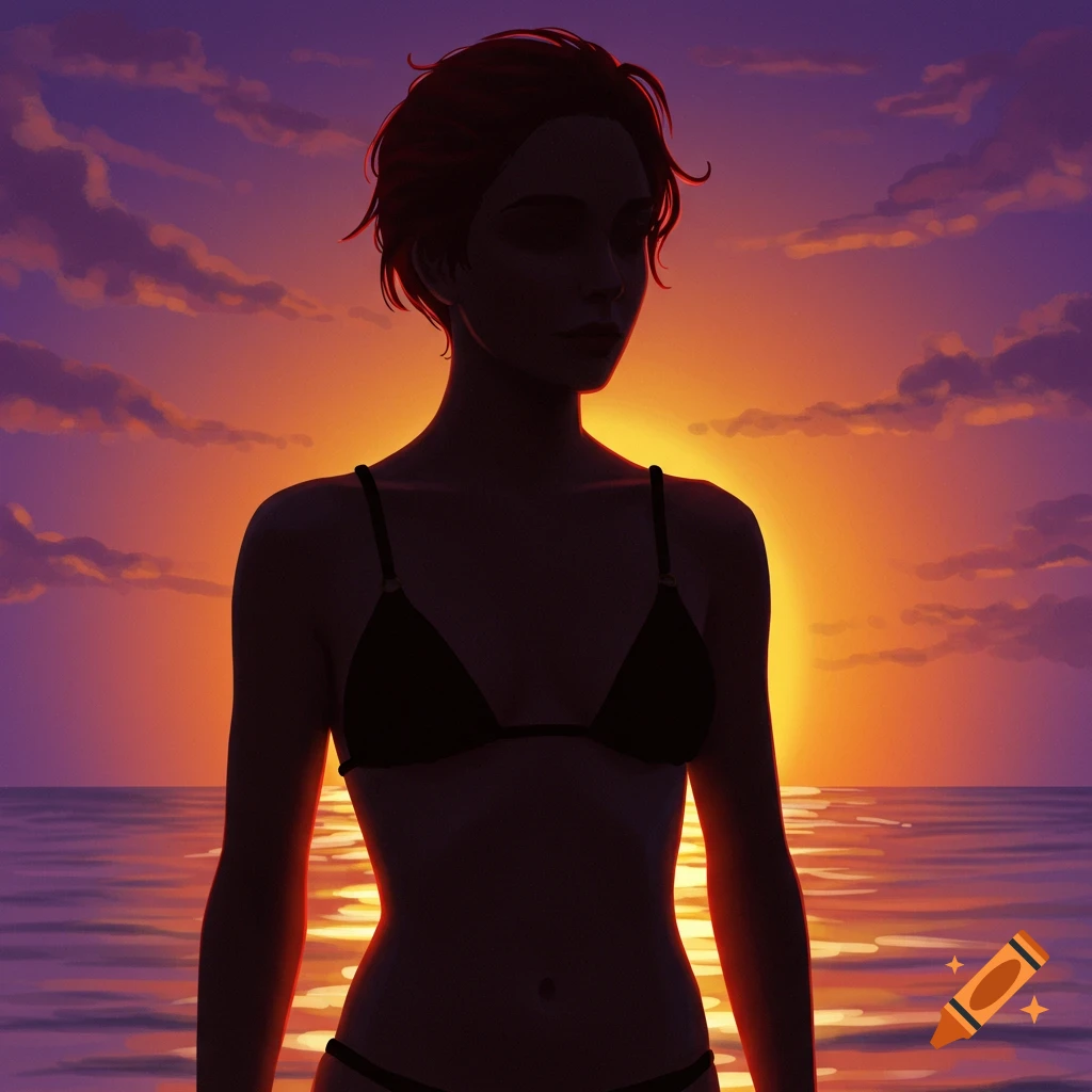 A silhouette of a woman in a bikini against a sunset over the water.