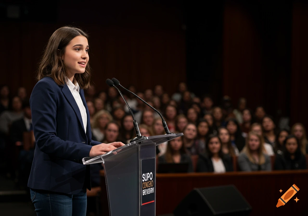 A young woman stands at a podium giving a speech to a large audience.