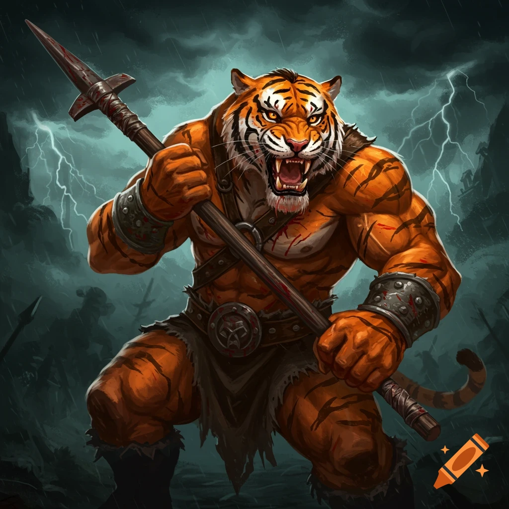 A muscular tiger barbarian holds a spear on a stormy battlefield.