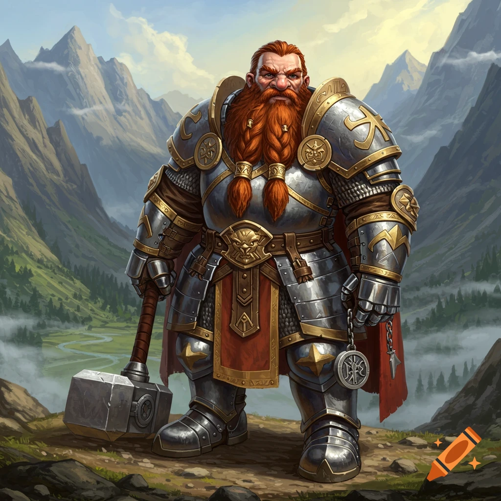 A dwarf paladin in heavy armor with a hammer stands in a mountainous valley.