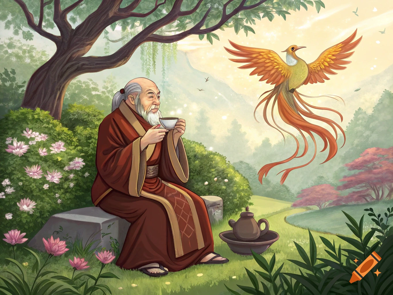 An illustration of Uncle Iroh from Avatar, sitting in a garden sipping tea while a phoenix flies overhead.
