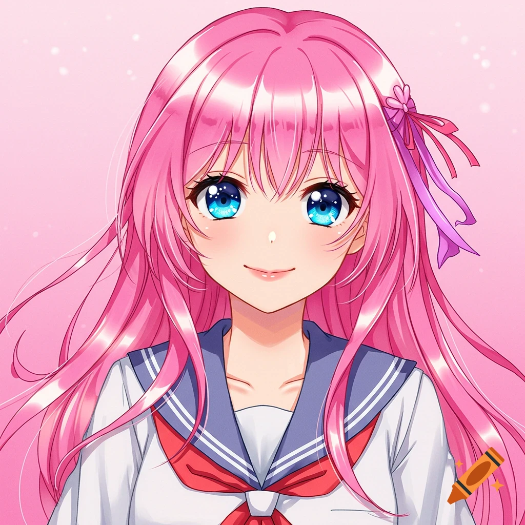 Anime portrait of a girl with pink hair and blue eyes in a school uniform.