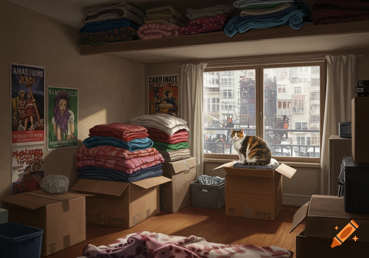 A calico cat is sitting on a moving box in an apartment cluttered with boxes and blankets, looking out at a city.