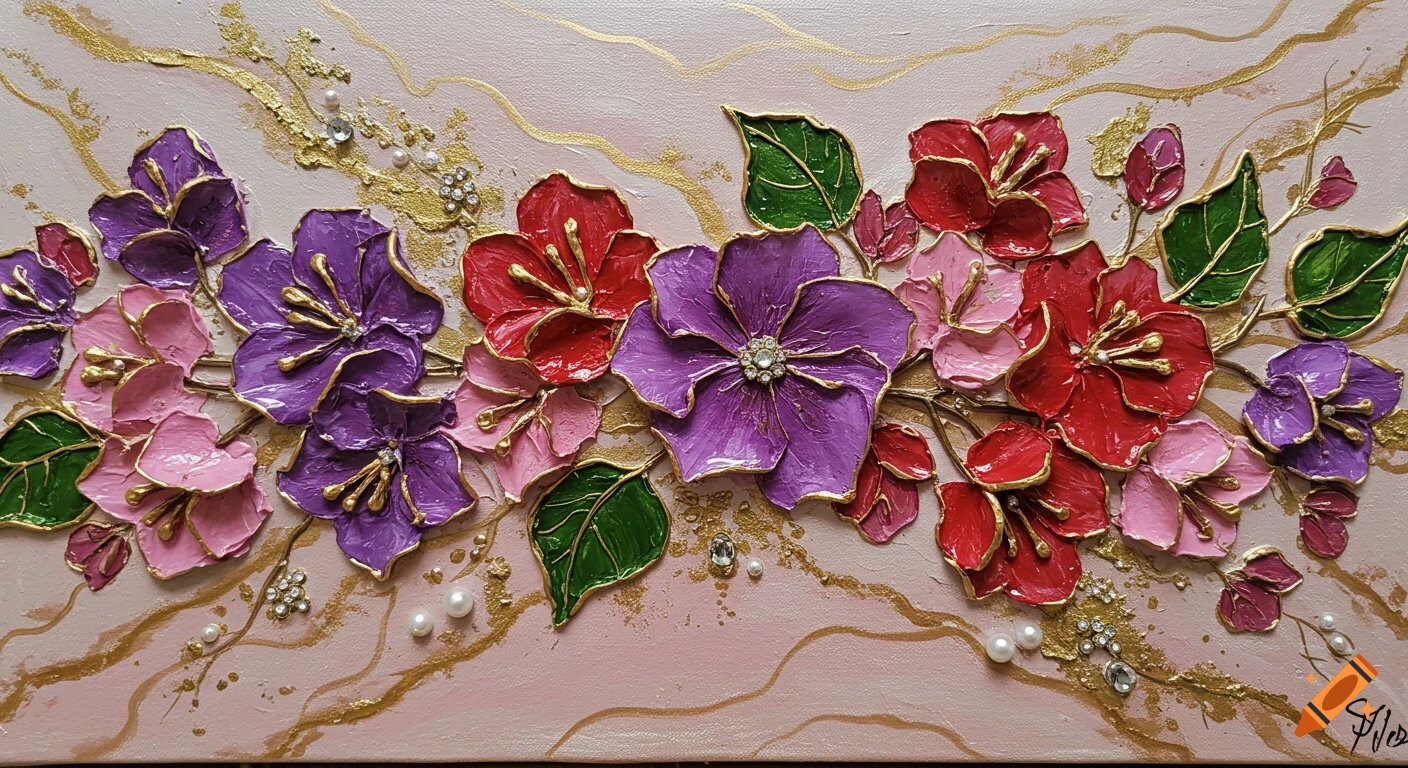 Textured painting of red, purple, and pink flowers with gold borders, pearls, and rhinestones on a pink background.