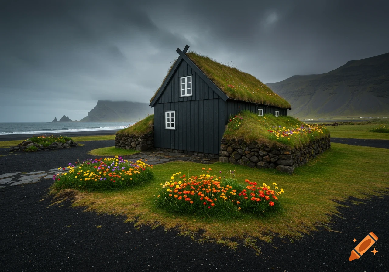 A dark house with a grass roof and flowers sits on black sand near the ocean under a stormy sky.