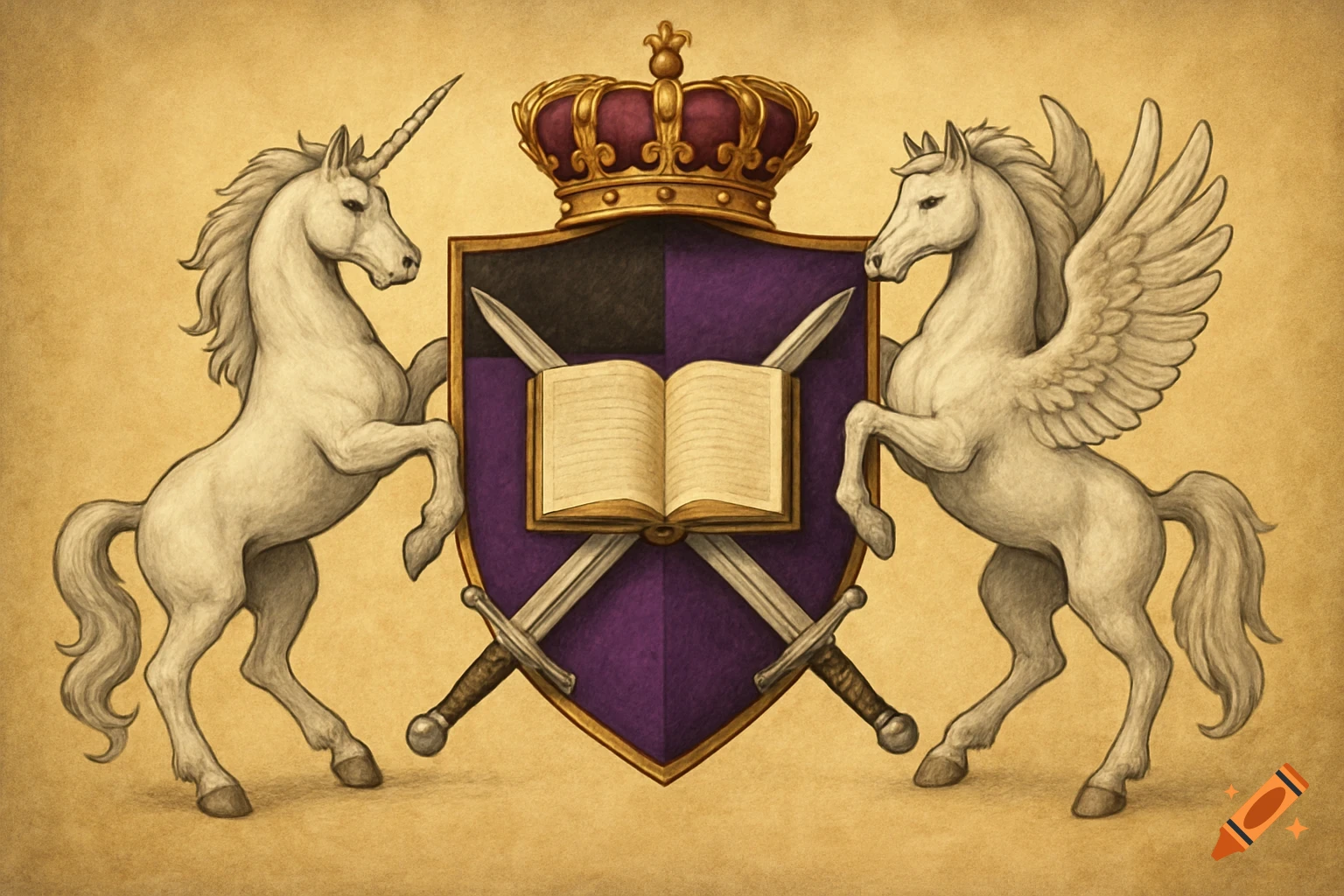 A royal crest featuring a unicorn, pegasus, shield, swords, crown, and open book.