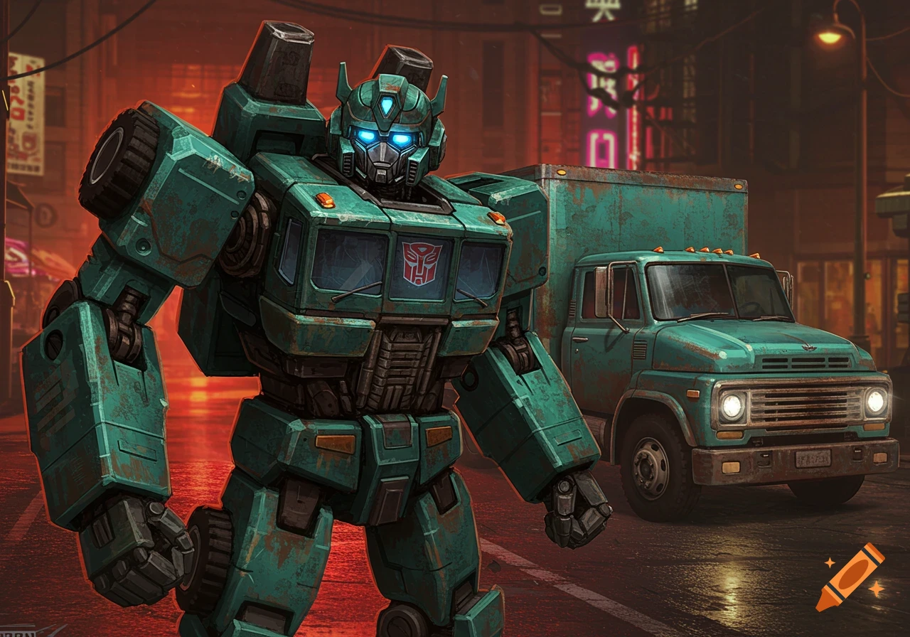 A teal, rusty robot resembling a truck is standing on a wet city street at night next to a box truck.
