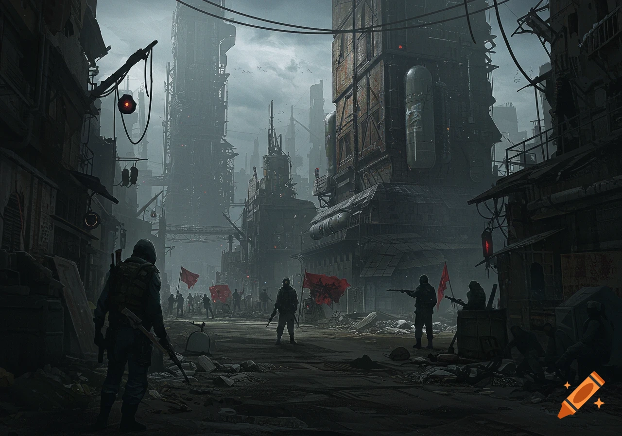Armed soldiers in a dystopian city street