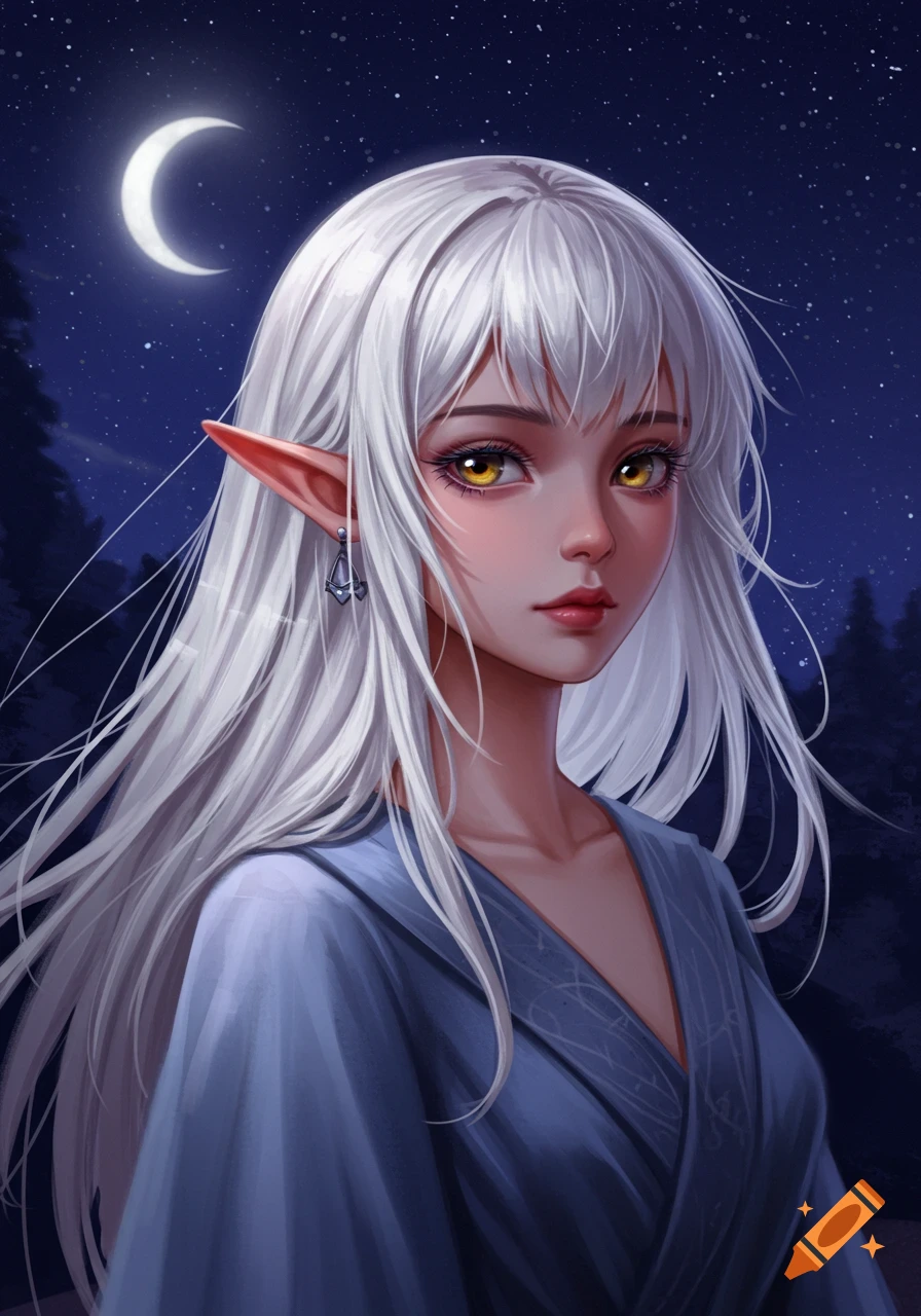 Anime-style portrait of an elf girl with white hair and yellow eyes under a crescent moon.