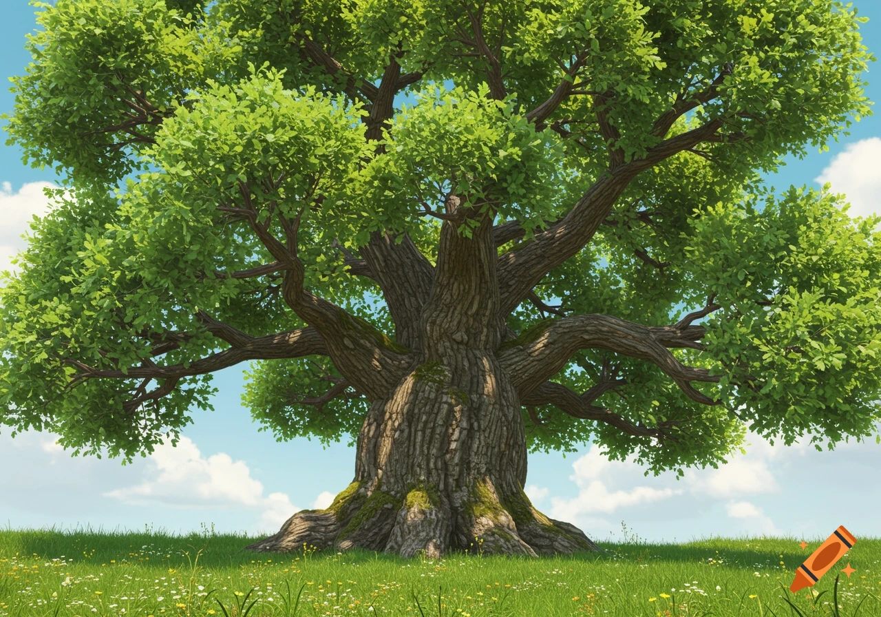 A large, old oak tree stands in a grassy field under a blue sky with clouds.
