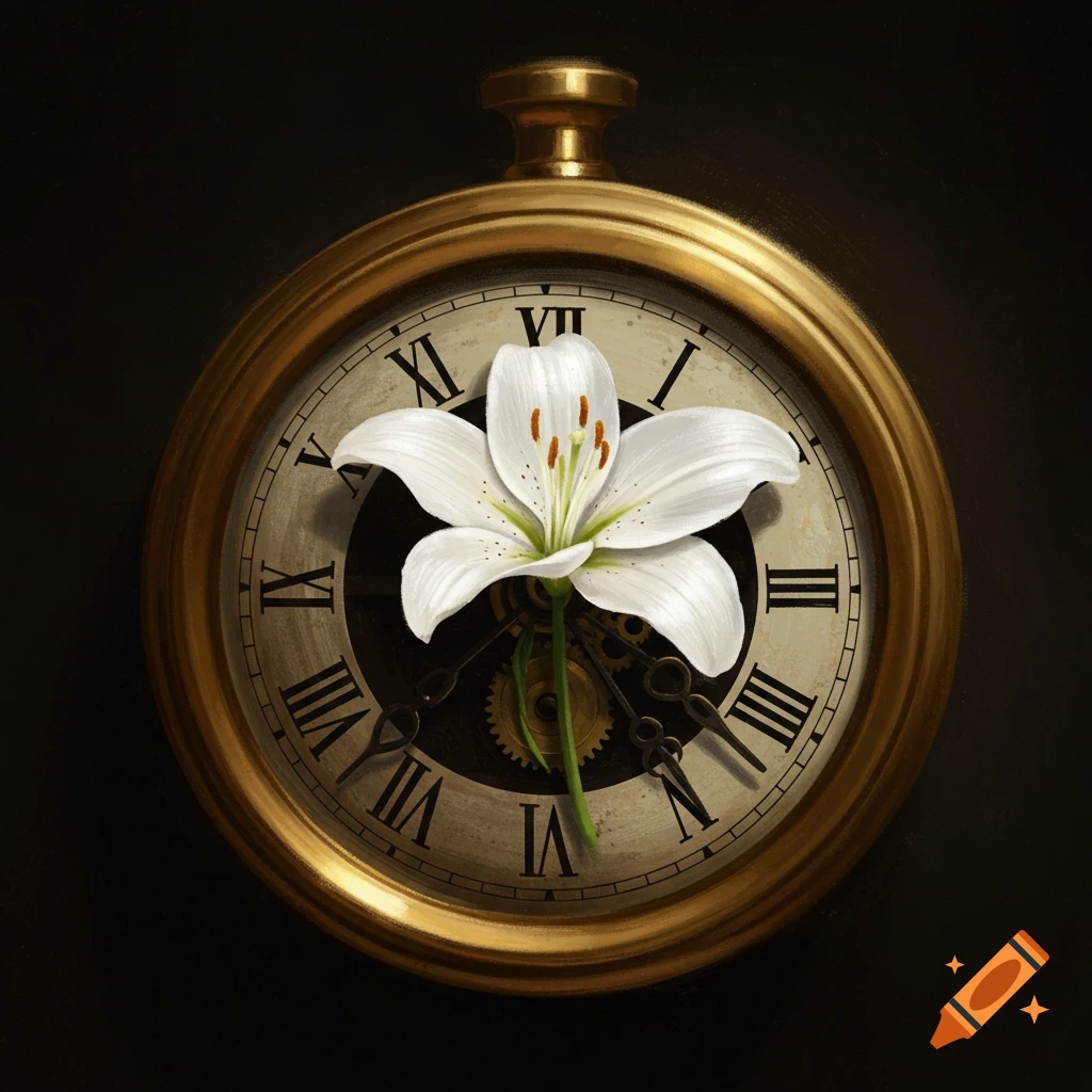 A white lily inside a gold pocket watch