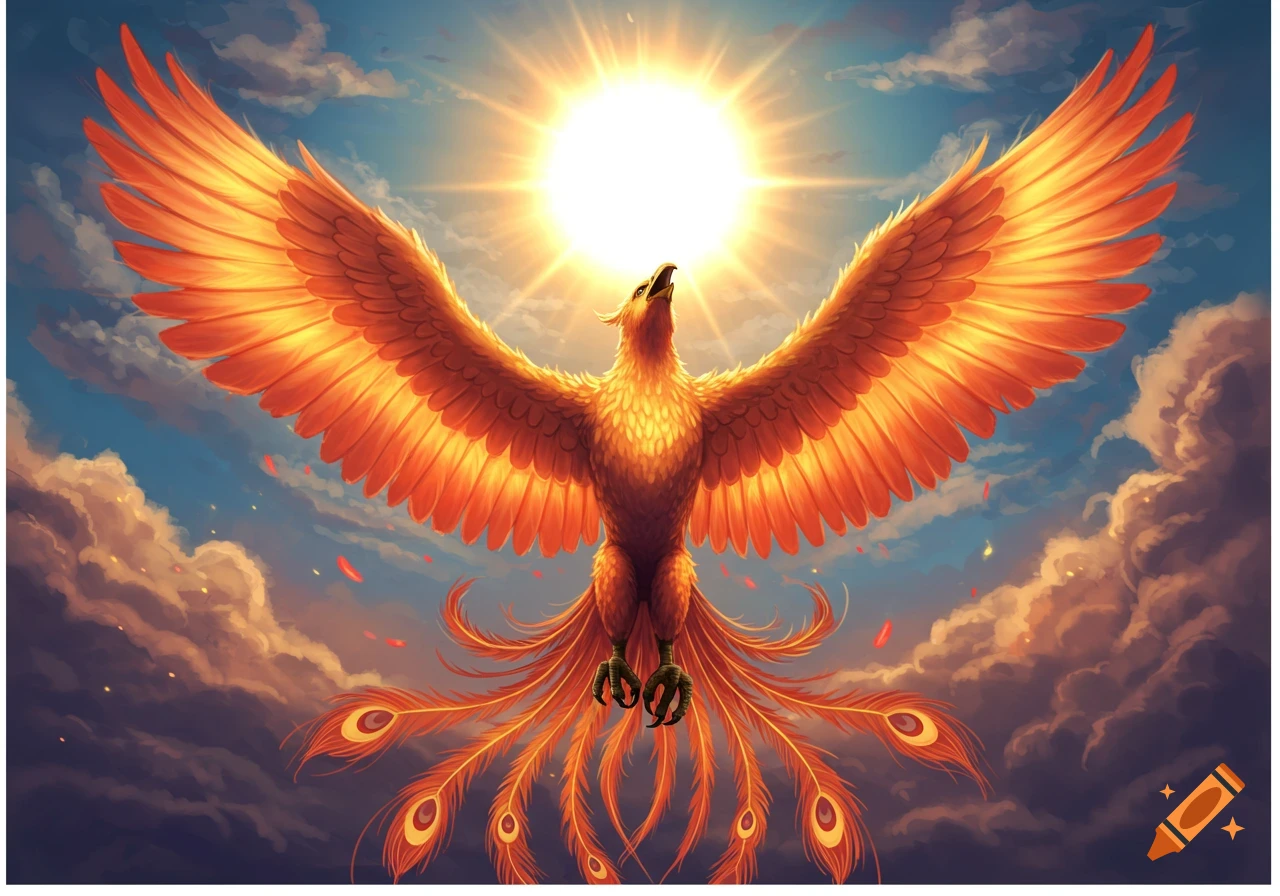 A majestic phoenix with fiery wings flies upward towards a bright sun in a cloudy sky.