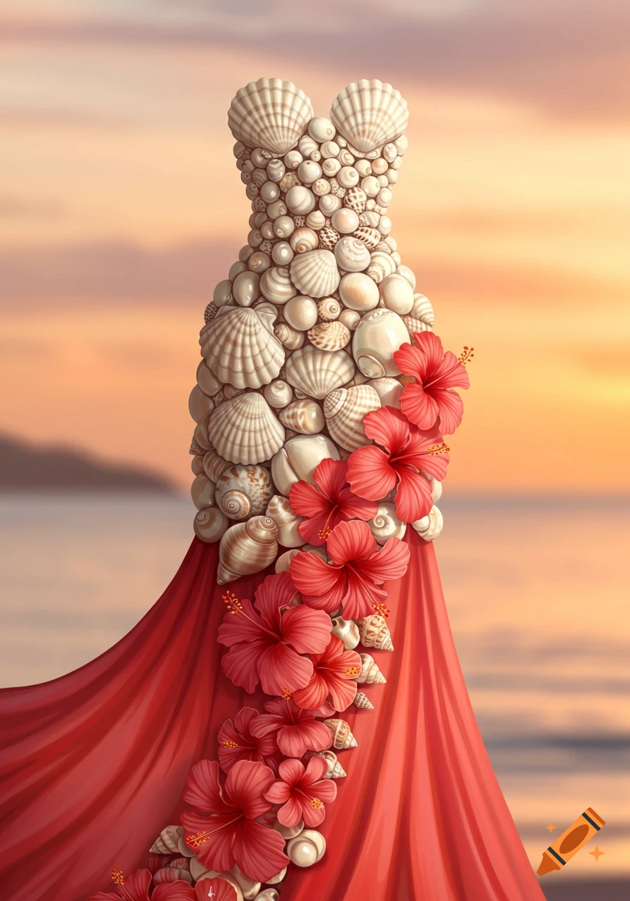A dress made of seashells and red hibiscus flowers against a beach sunset.