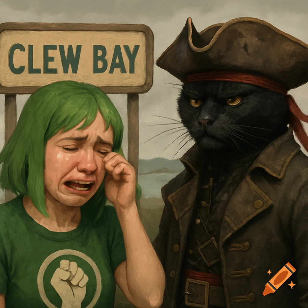 A green-haired woman cries next to a black cat wearing a pirate hat in front of a sign that reads CLEW BAY.