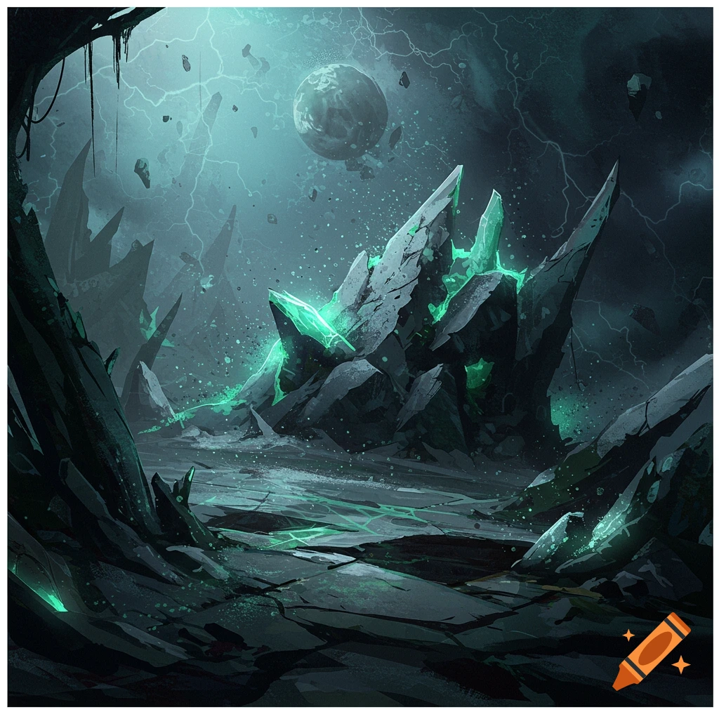 A dark, stormy alien landscape with jagged rocks, glowing green crystals, and a planet visible in the sky.