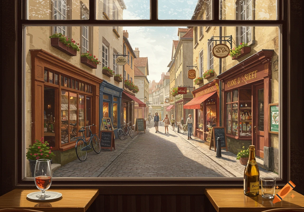 A European street scene with shops and people, viewed from a cafe window with a glass of wine.