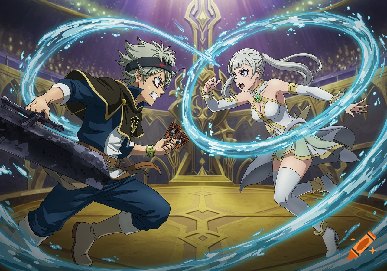 Two anime characters, one with a sword and cards, the other with water magic, battle in an arena.