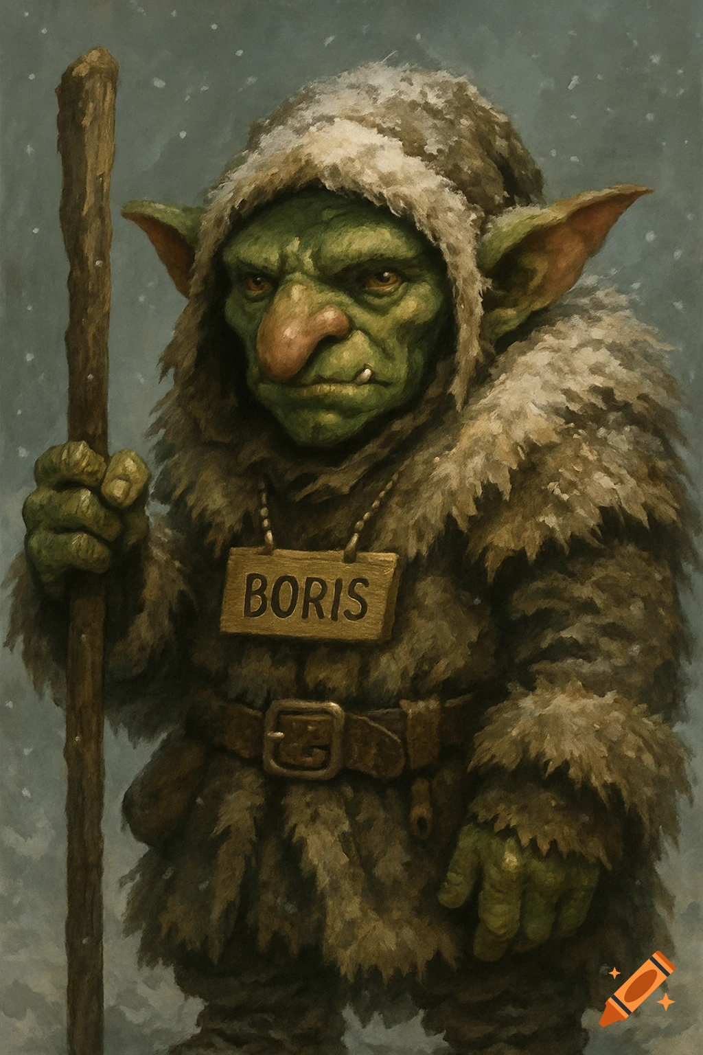 A green goblin in winter furs holds a stick and wears a name tag that says 'Boris'.