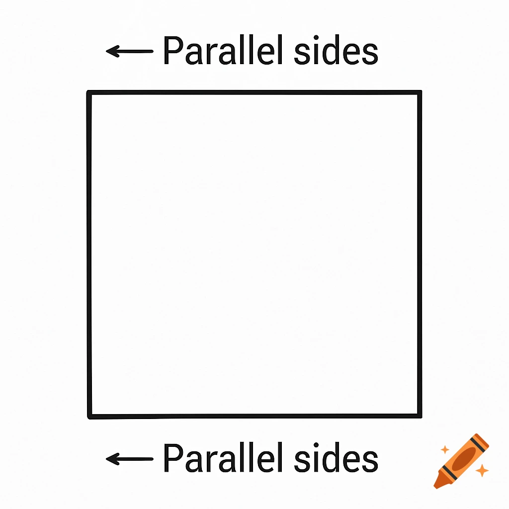 A black square on a white background is annotated with arrows and the text 'Parallel sides' pointing to its top and bottom edges.