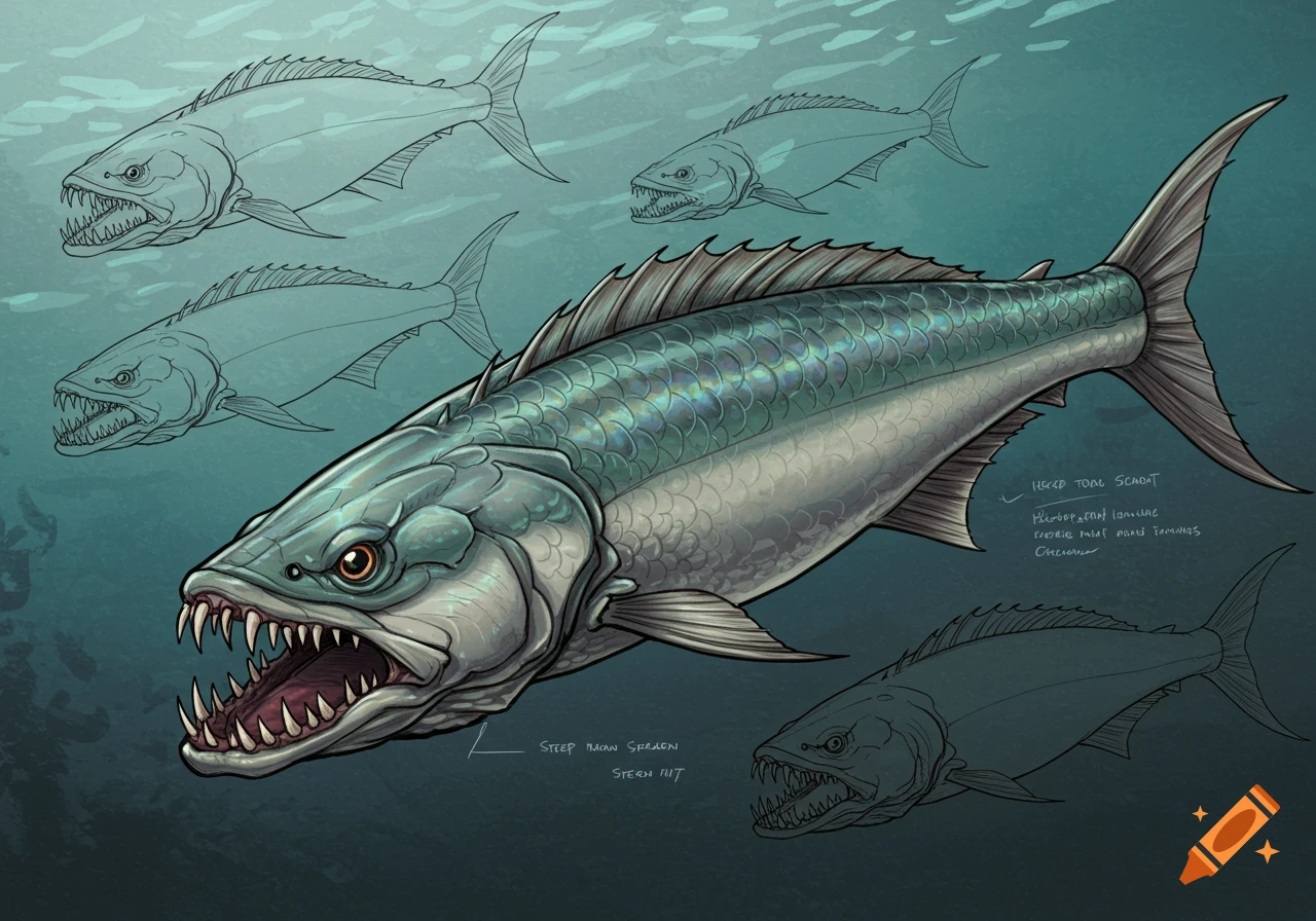 Detailed illustration of a large fish with sharp teeth swimming underwater, surrounded by sketches of other fish.